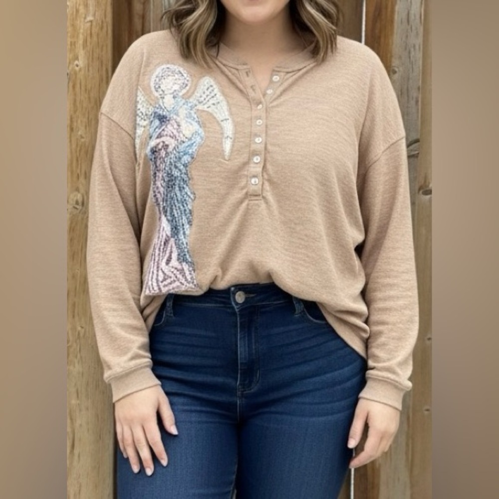 AERIE Upcycled Henley Top with Angel Tapestry Patch - Size XL